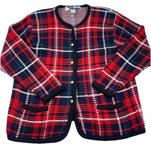 Vintage Crystal Kobe Sweater Women Medium Red Cardigan Jacket Tartan Plaid 90s
